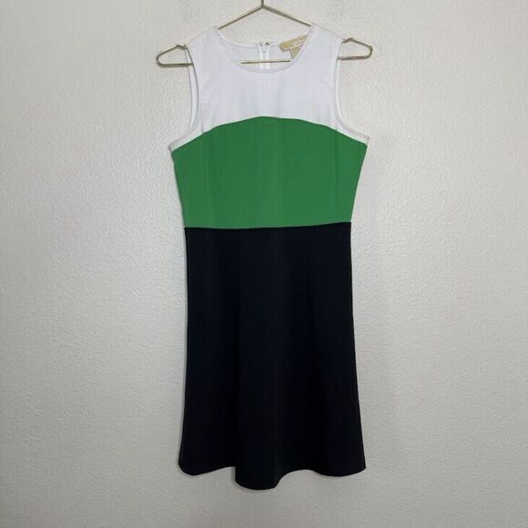 Michael Kors Dress Size 2 Fit Flare Mini Spring Green Colorblock Sleeveless Work - Picture 1 of 8